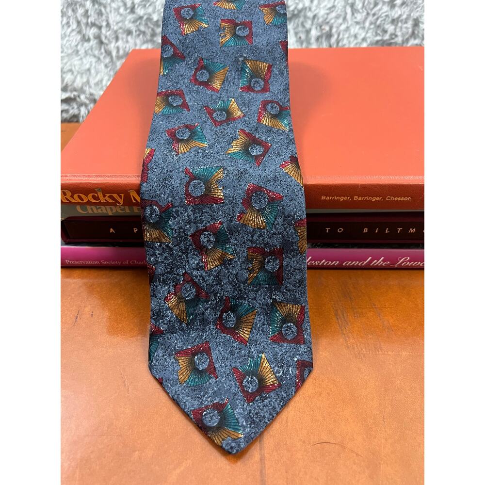 Vintage Secour Abstract Fan Print Tie Blue Geometric Novelty Necktie